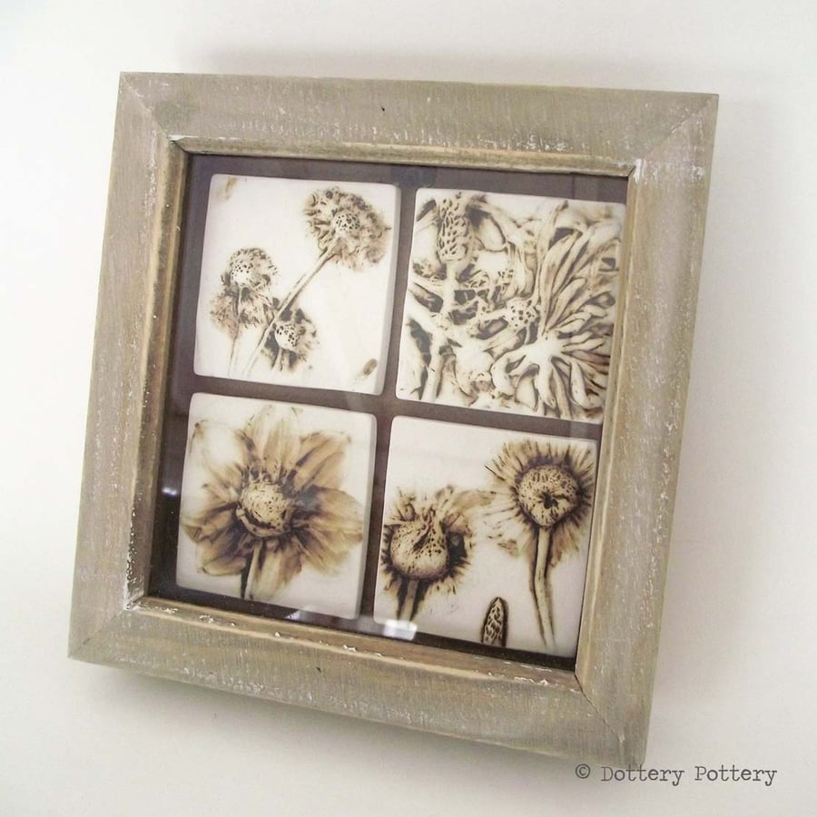 Summer Breeze Ceramic floral tiles presented in a box frame Wall hanging Pottery