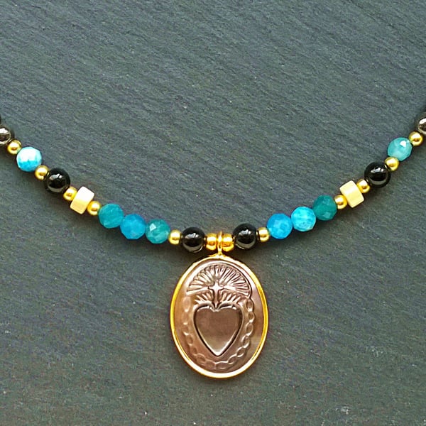 Gemstone Sacred Heart Pendant Necklace, Catholic Necklace. Mother of Pearl