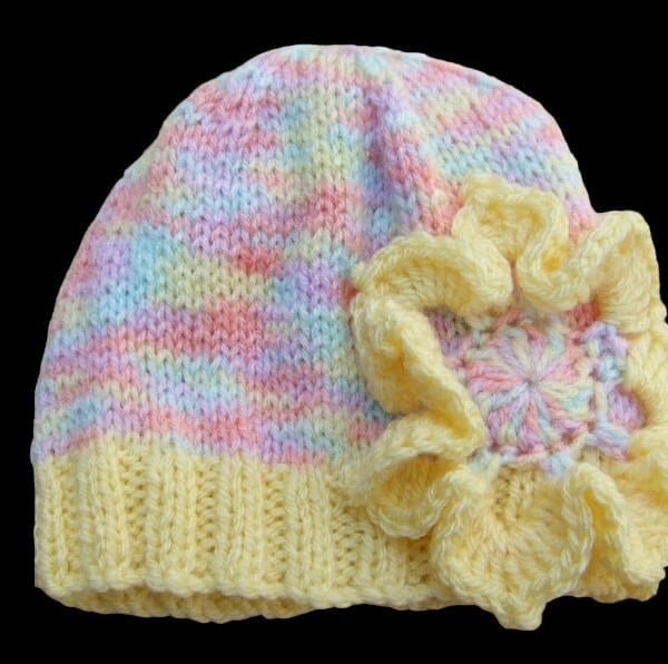Baby hat hand knitted yellow and pastels with flower 0-3 months Seconds Sunday