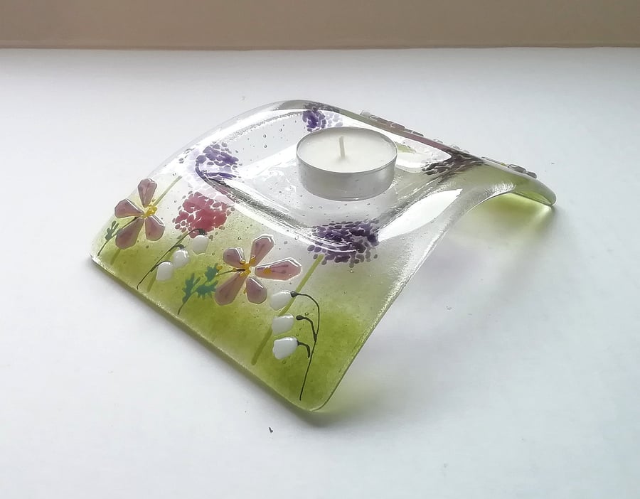 Candle arch, fused glass floral tealight rest, alliums and Lily of the valley, g