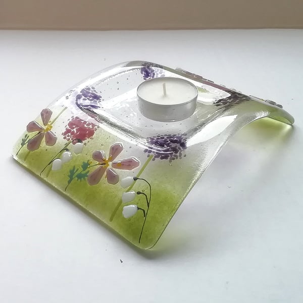 Candle arch, fused glass floral tealight rest, alliums and Lily of the valley, g