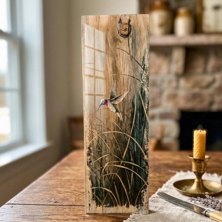 Rustic Hummingbird in Flight Meadow Nature Wood Wall Art