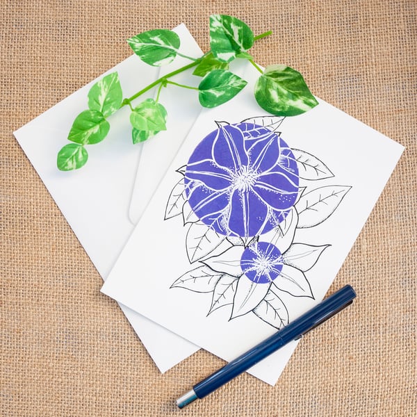 Purple Clematis Flower Greetings Card Birthday Mother's Day Illustrated Card