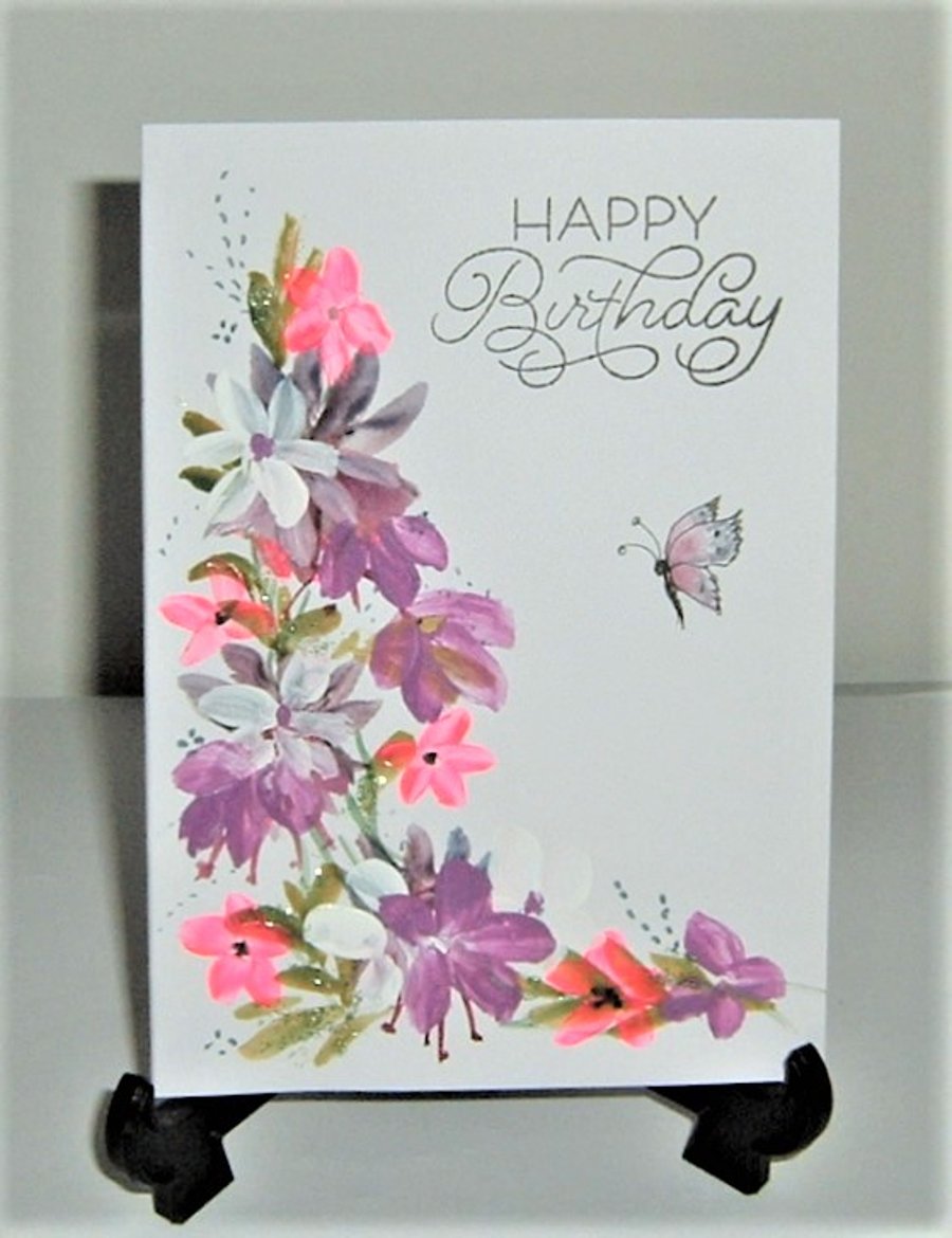 hand painted floral Birthday card ( ref F 542)