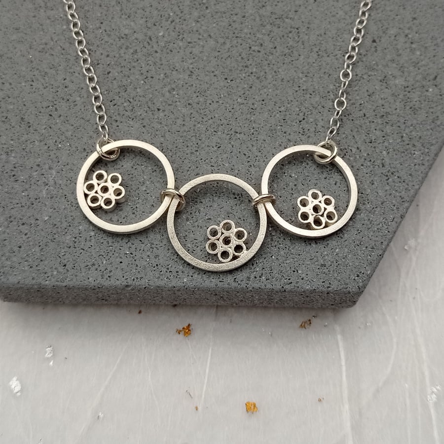 Recycled sterling silver wire & flowers necklace - handmade floral jewellery 