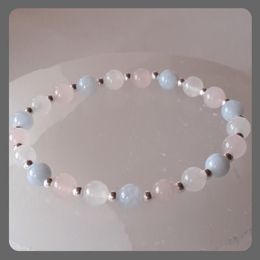 Rose Quartz, Aquamarine, White Jade and Sterling Silver Bracelet