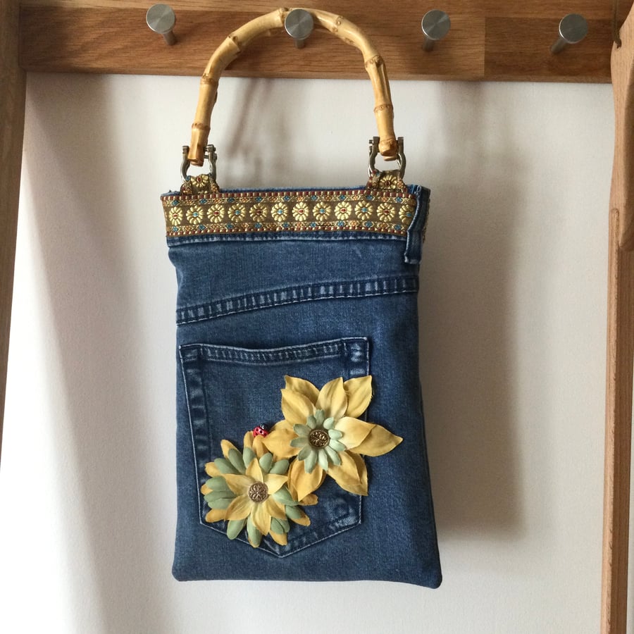 Upcycled Flower Denim Fake Bamboo Handled Handbag