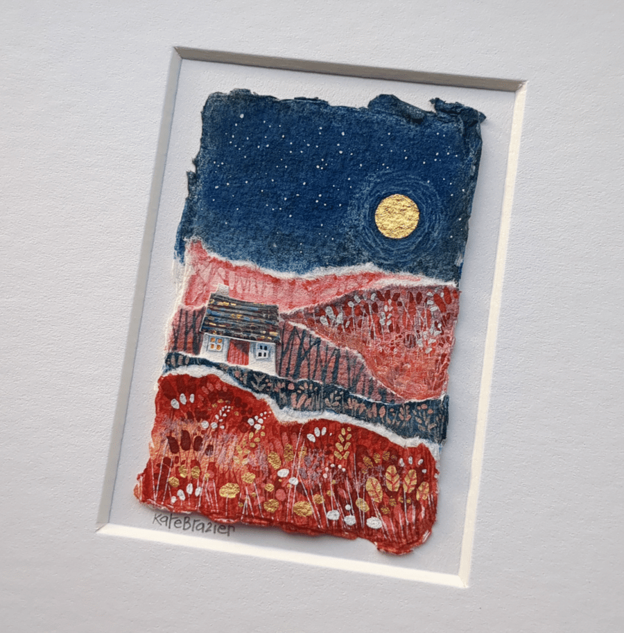 Miniature Pink Hills Cottage - Original collage. A5 Mounted