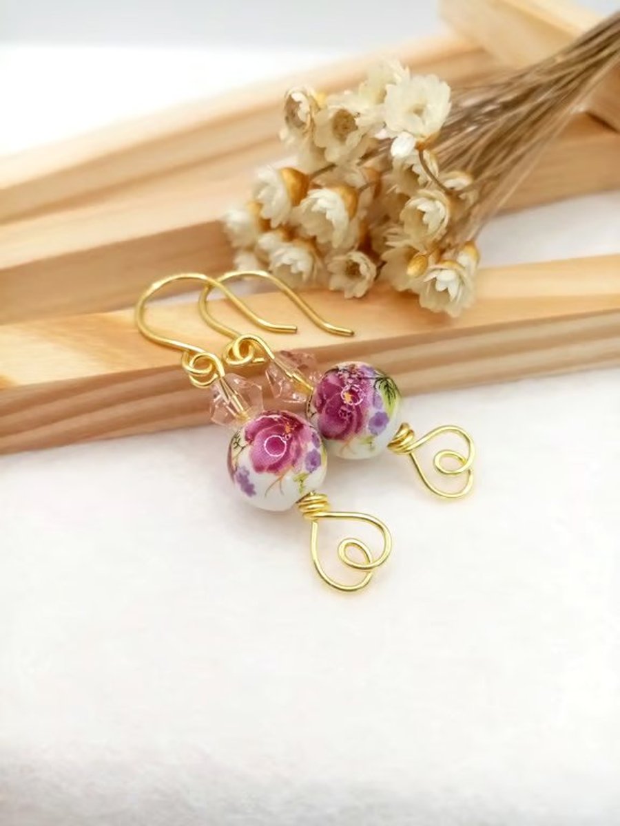 Rose Flower Ceramic Porcelain Drop Earrings, Plum Rose Drop Earrings