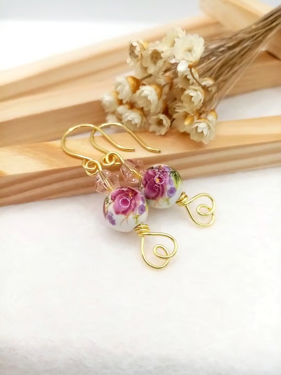 Rose Flower Ceramic Porcelain Drop Earrings, Plum Rose Drop Earrings