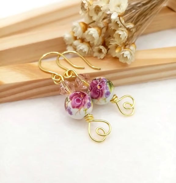 Rose Flower Ceramic Porcelain Drop Earrings, Plum Rose Drop Earrings