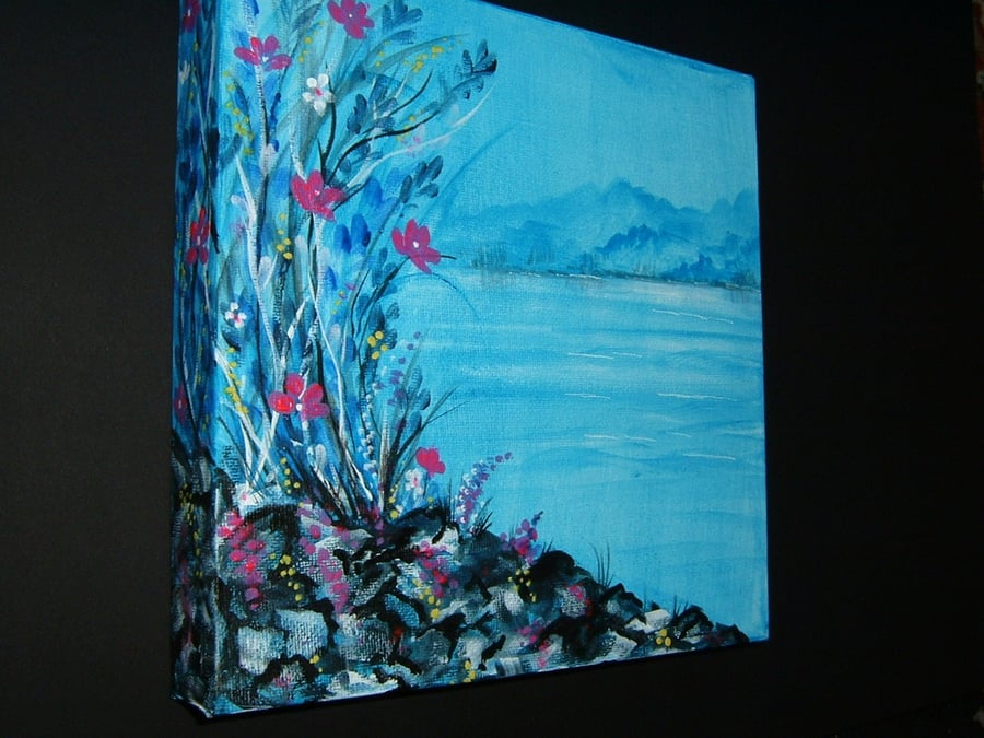 art painting box canvas original acrylic lakeside flowers ref 333