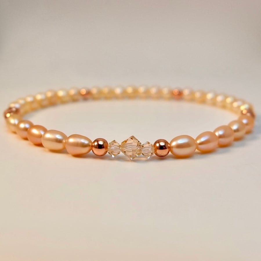 Freshwater Pearl Bracelet With Swarovski Crystals And Copper - Handmade In Devon