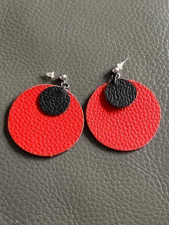 Red and Black Leather Circle Earrings - Hand Cut Lightweight Statement Jewellery
