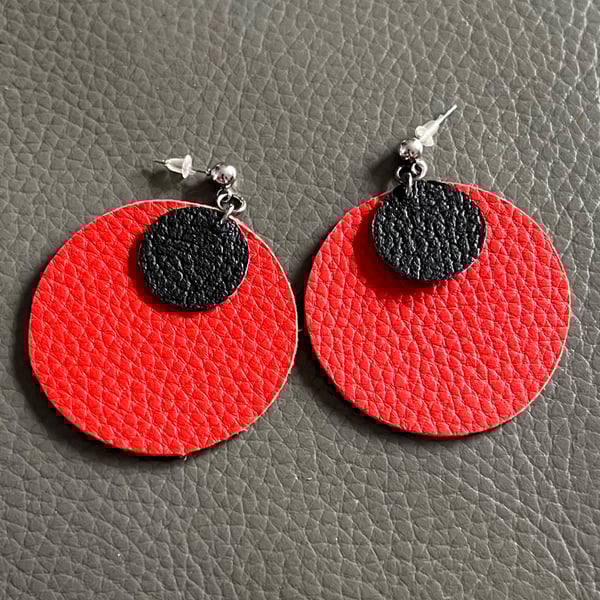 Red and Black Leather Circle Earrings - Hand Cut Lightweight Statement Jewellery