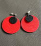 Red and Black Leather Circle Earrings - Hand Cut Lightweight Statement Jewellery