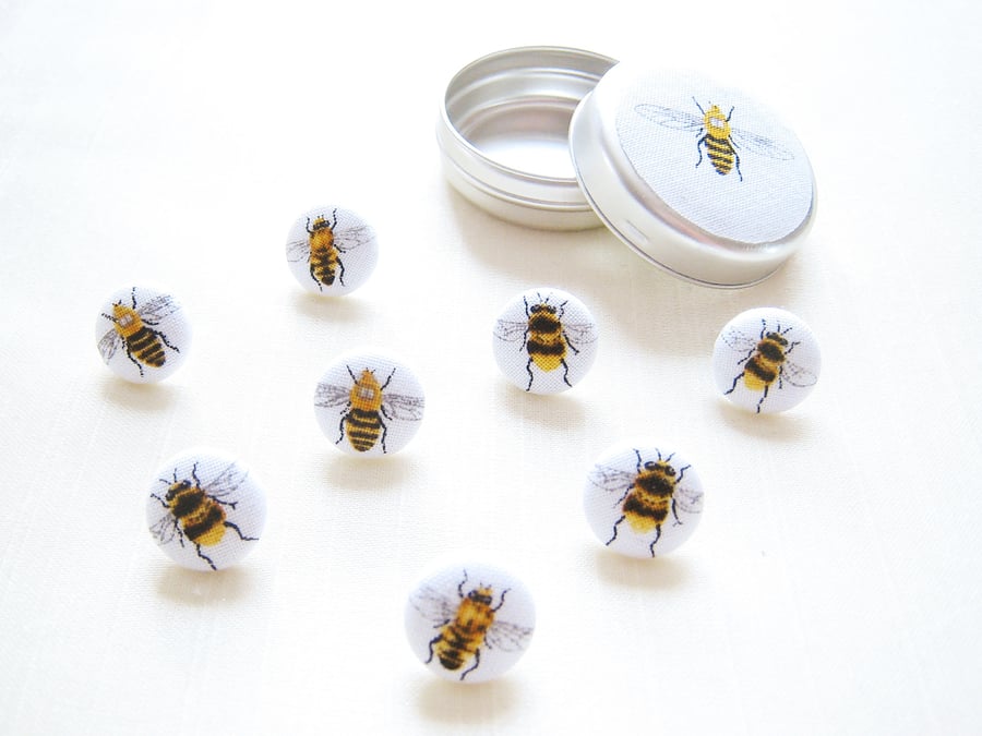 Bumblebee honey set of 8 drawing pins in tiny tin. Bumblebee conservation.