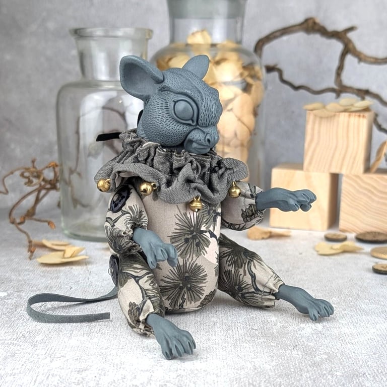 'Hiro', a grey porcelain and textile mouse imp.