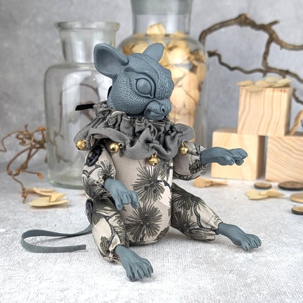 'Hiro', a grey porcelain and textile mouse imp.