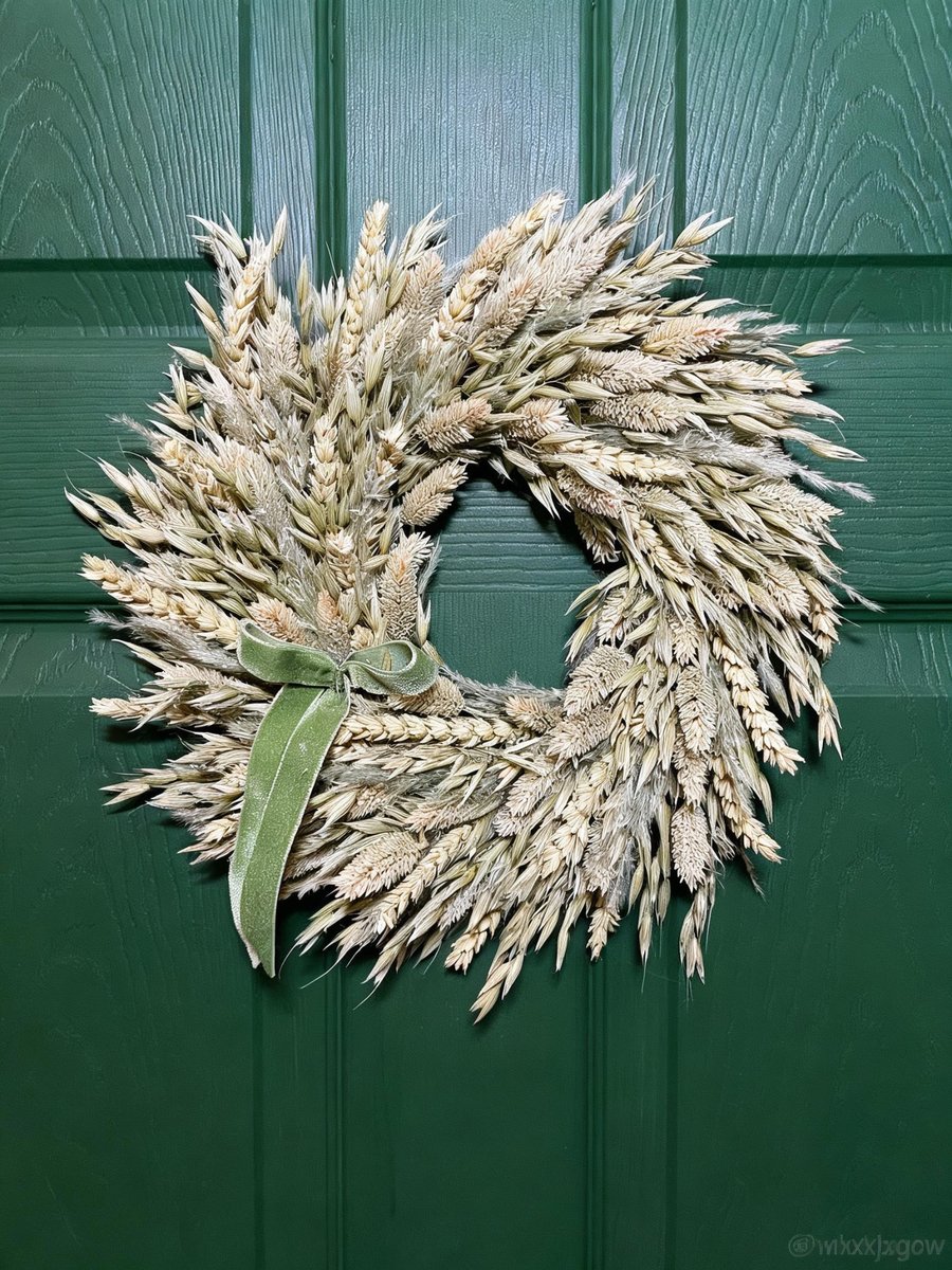 Natural Dried Wheat & Pampas Wreath – Sage Green Velvet Ribbon Scandi Decor