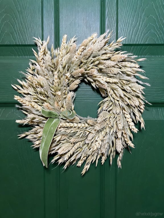 Natural Dried Wheat & Pampas Wreath – Sage Green Velvet Ribbon Scandi Decor