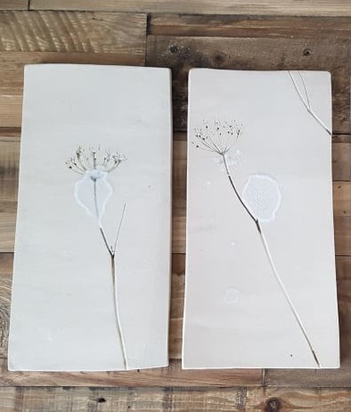 Pair of Natural Cow Parsley Ceramic Wall Art Tiles 