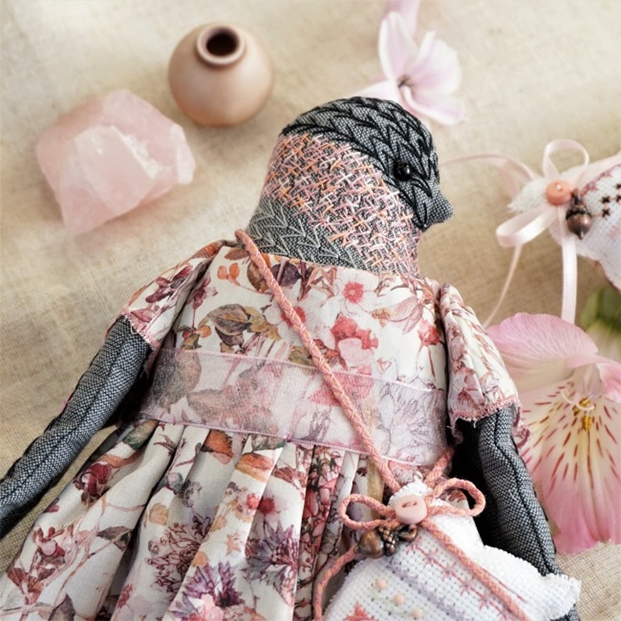 Bridie, A Hand Embroidered Bullfinch Folk Art Rag Doll
