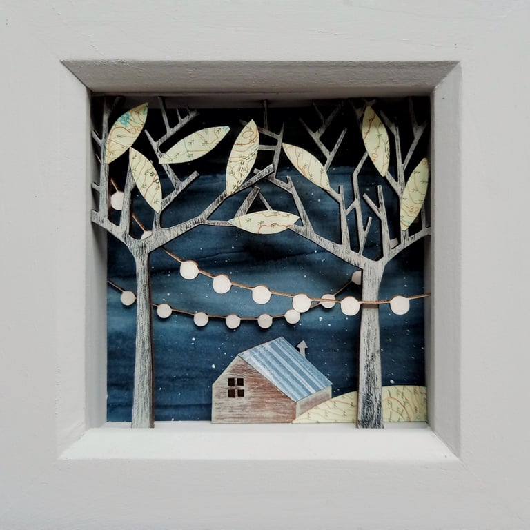 Into the Woods Picture, Wooden Cabin Diorama, Fairy Light Forest
