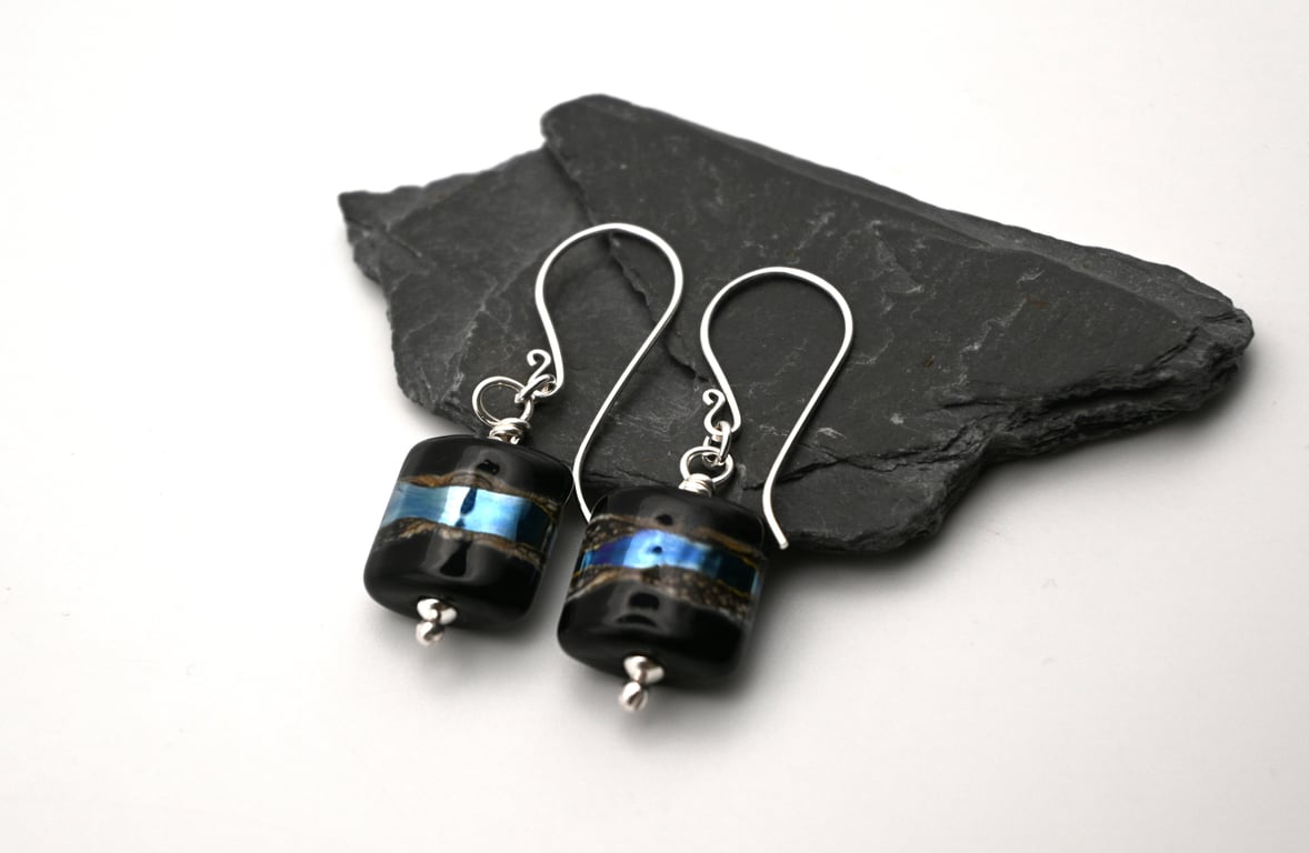 lampwork glass earrings, black and silver wrapped