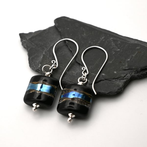 lampwork glass earrings, black and silver wrapped