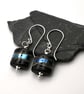 lampwork glass earrings, black and silver wrapped