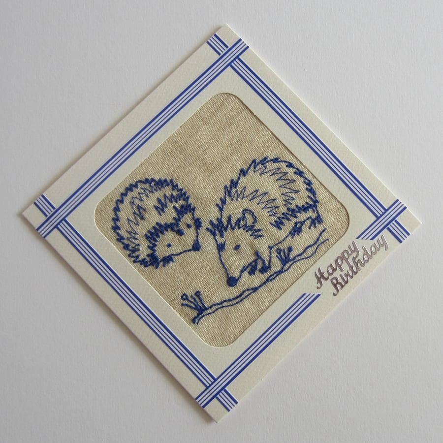 Embroidered Hedgehogs Happy Birthday Card