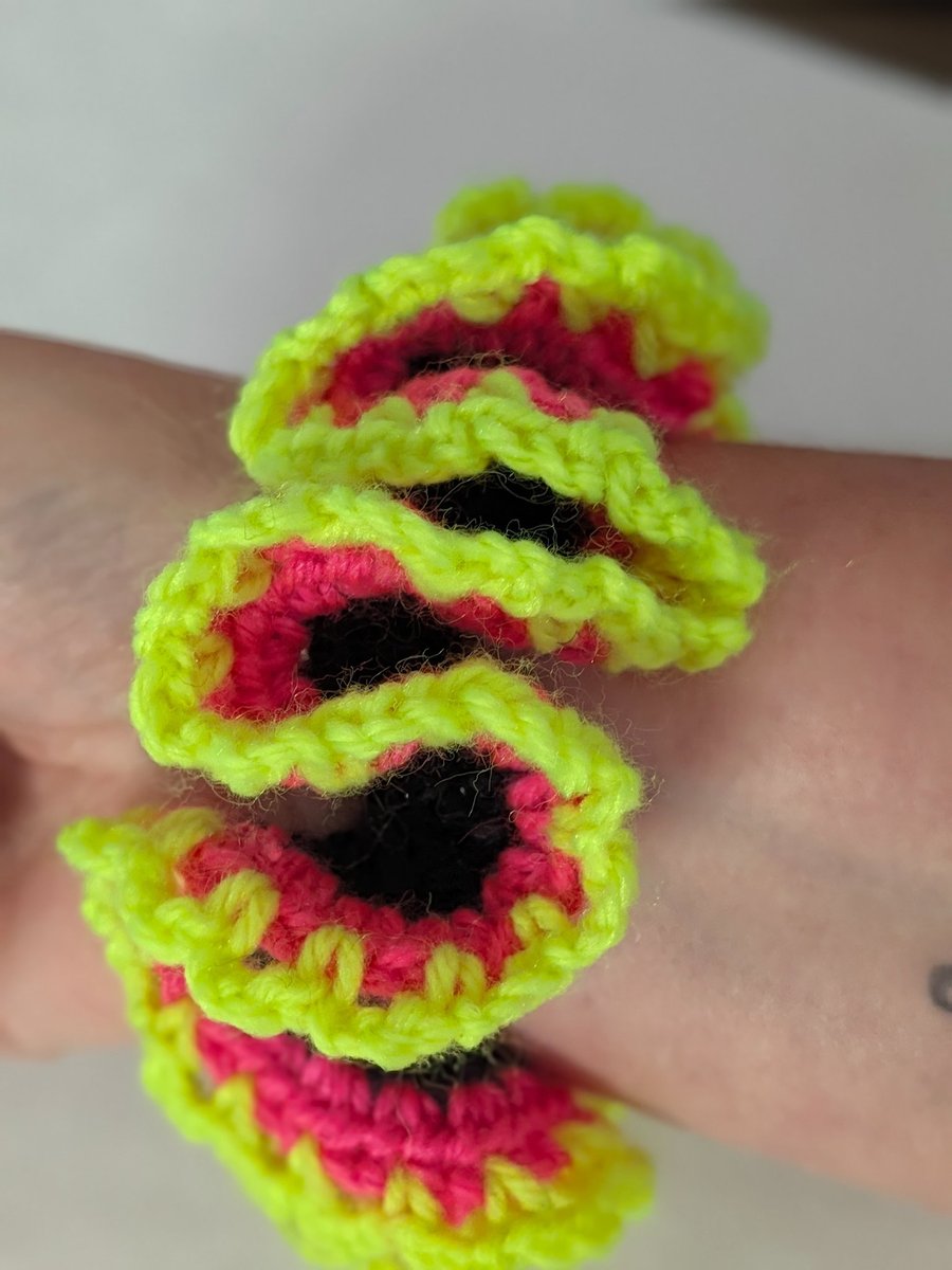 Crochet scrunchie black pink and yellow