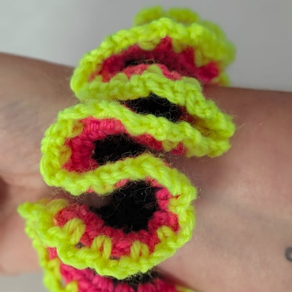 Crochet scrunchie black pink and yellow