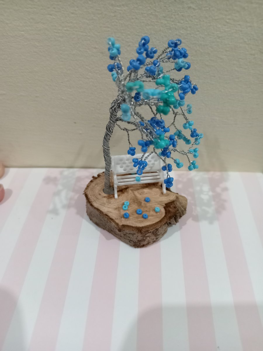 Beaded wire bonsai tree of life with a bench