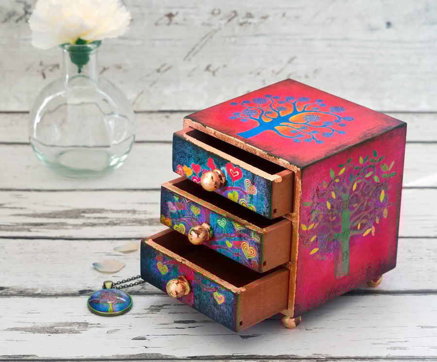 Tree of Life Trinket Box, Mini Chest of Drawers, Shabby Chic Style Jewellery Box