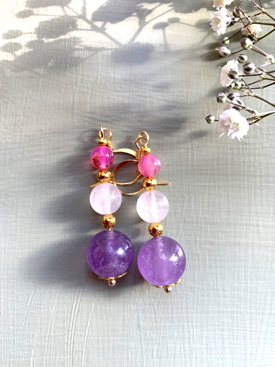 Pink rose quartz & purple dream amethyst with pink agate long gold plated earrin