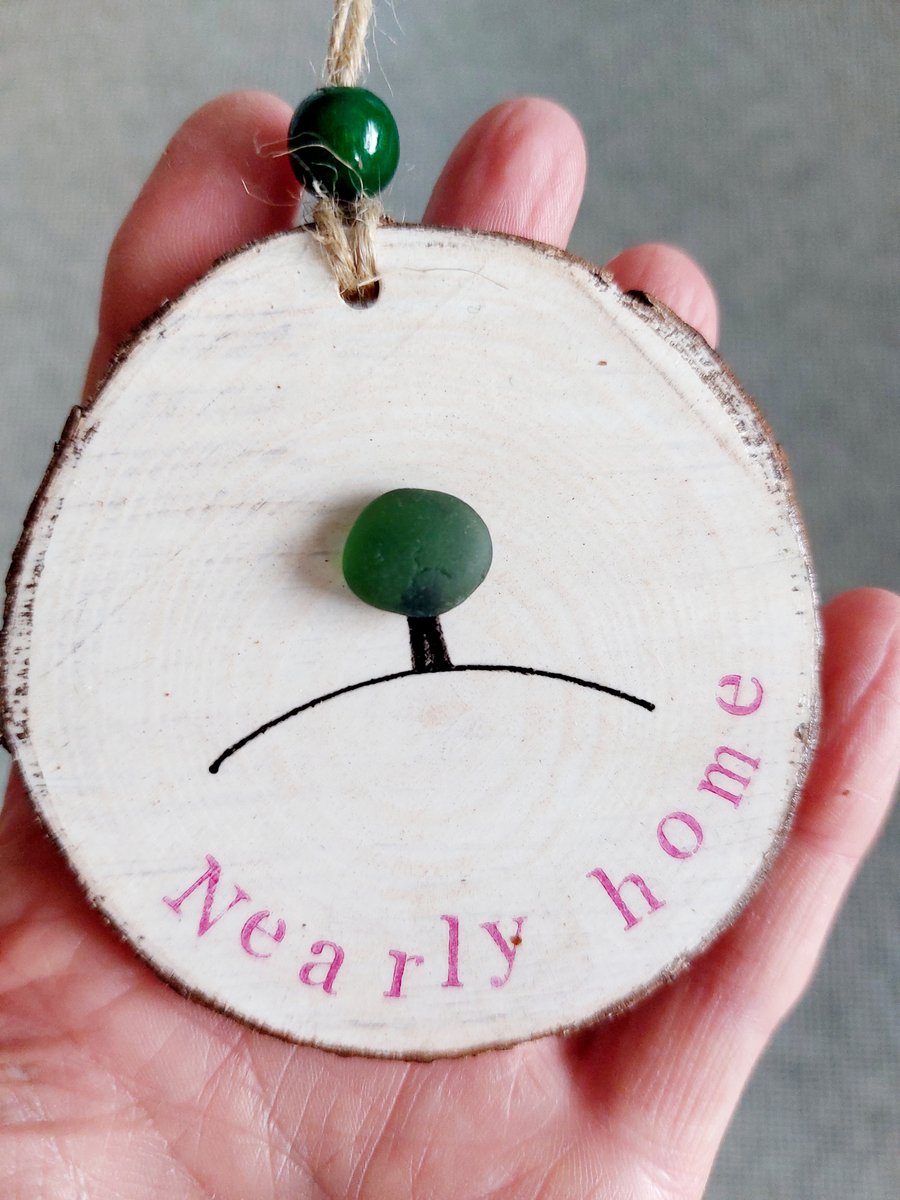 Sea Glass Hanging Decoration, Wood Slice, Nearly Home Tree, Worcestershire