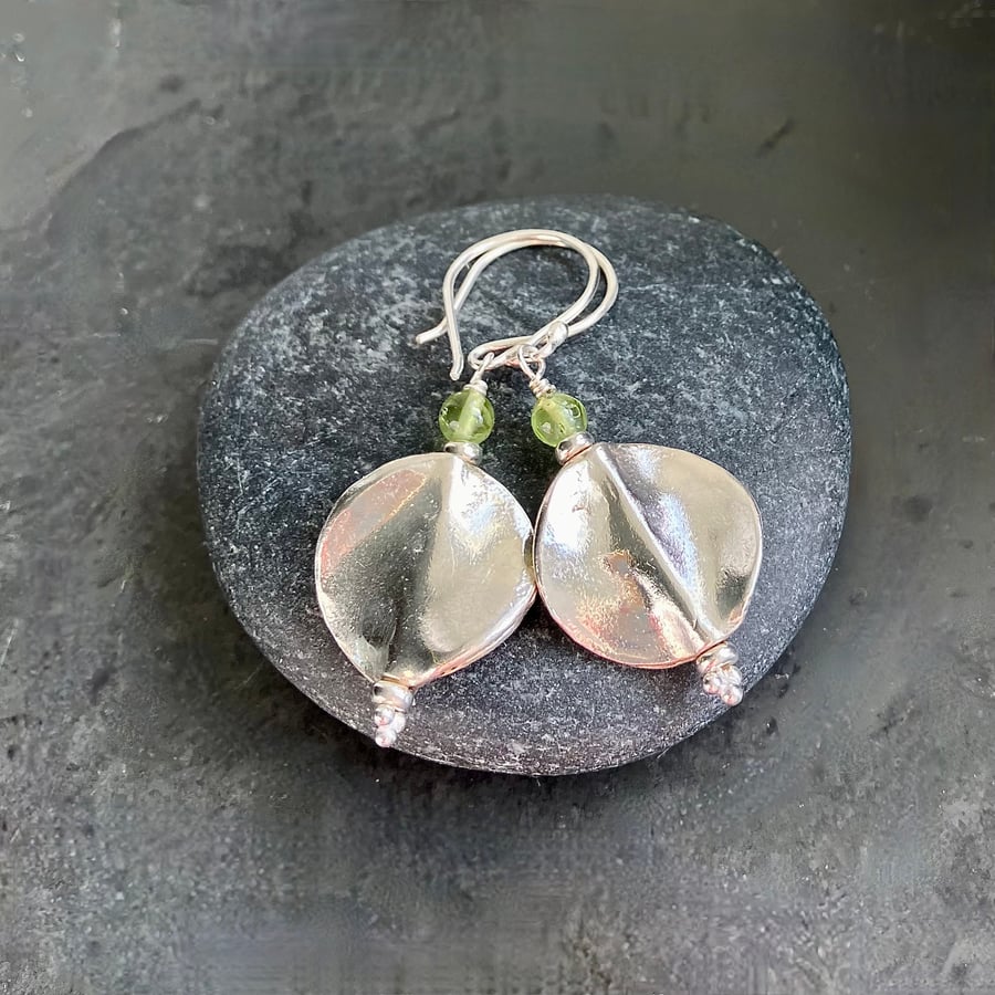 Silver Twisted Lentil Beads with Peridot