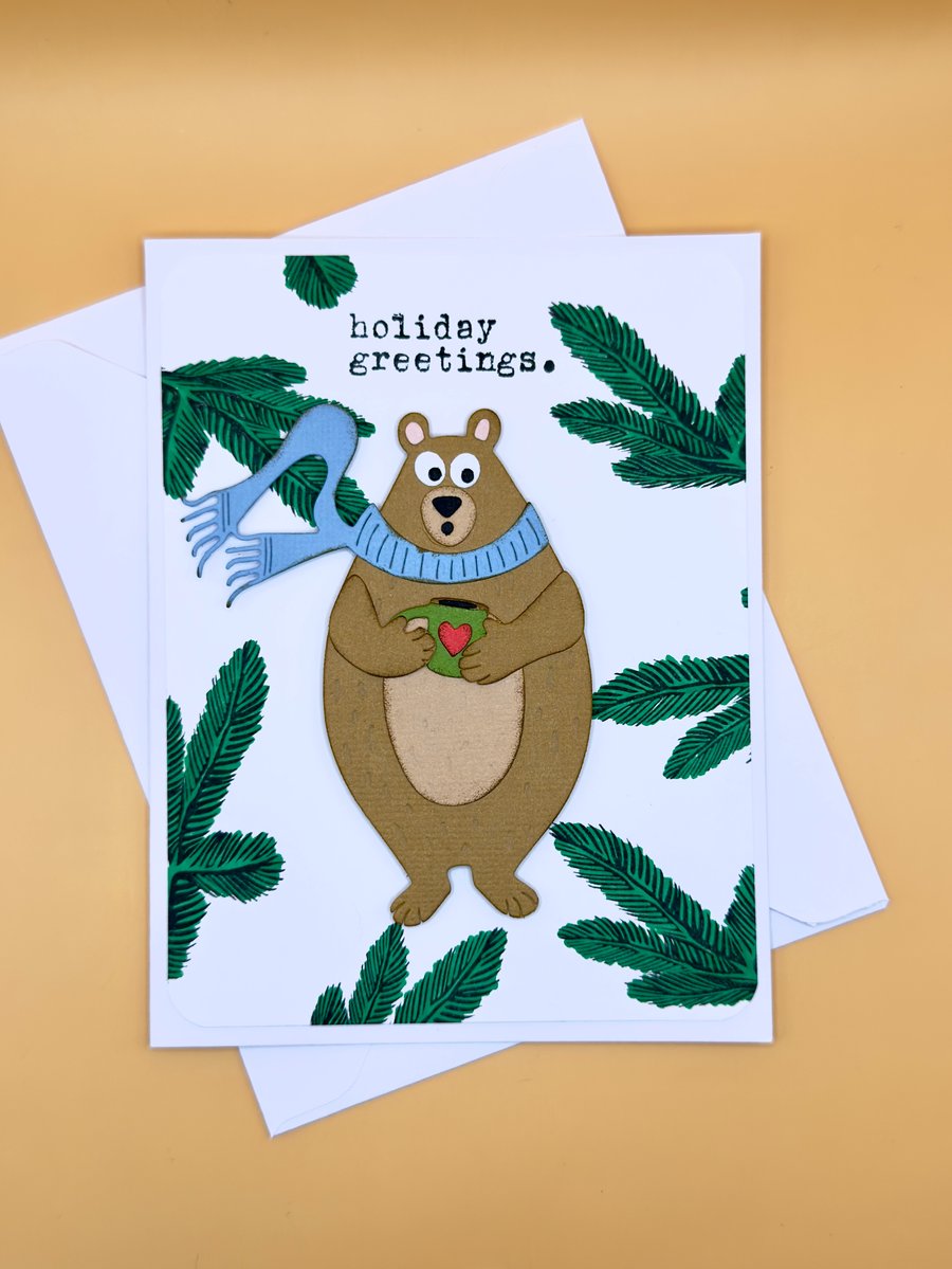 Handmade Christmas Card, Bear with Scarf “holiday greetings.” Cute & Festive