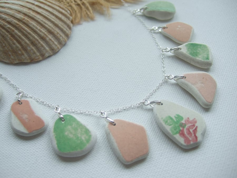 Scottish sea pottery necklace, beach pottery jewelery, beach necklace pink green