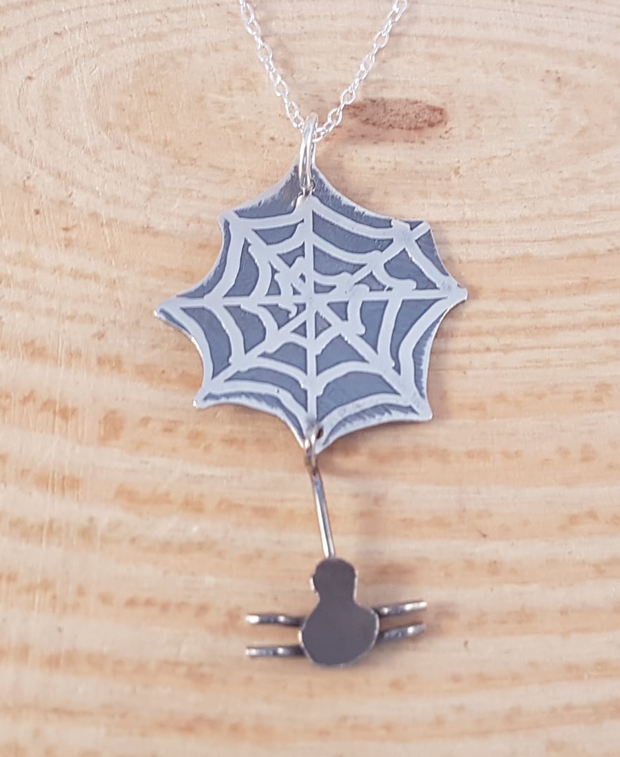 Sterling Silver Etched Spider and Web Necklace