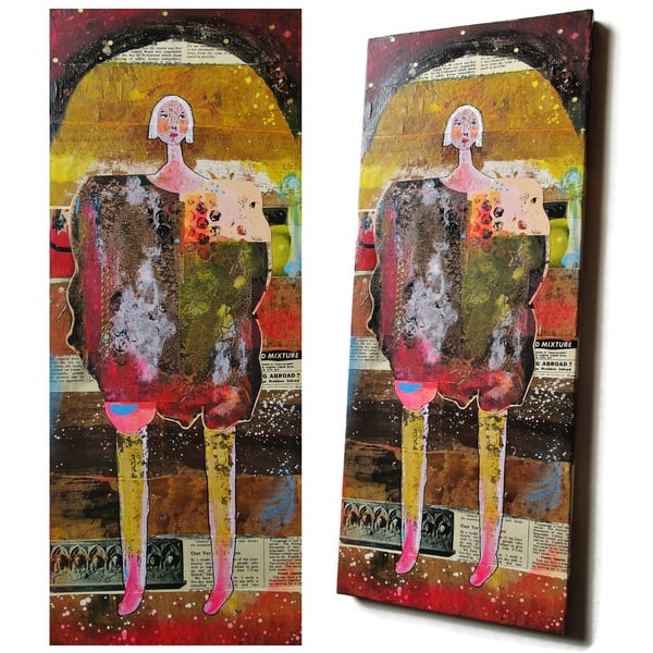 Mixed Media Figurative Painting Acrylic & Collage Female Figure Artwork