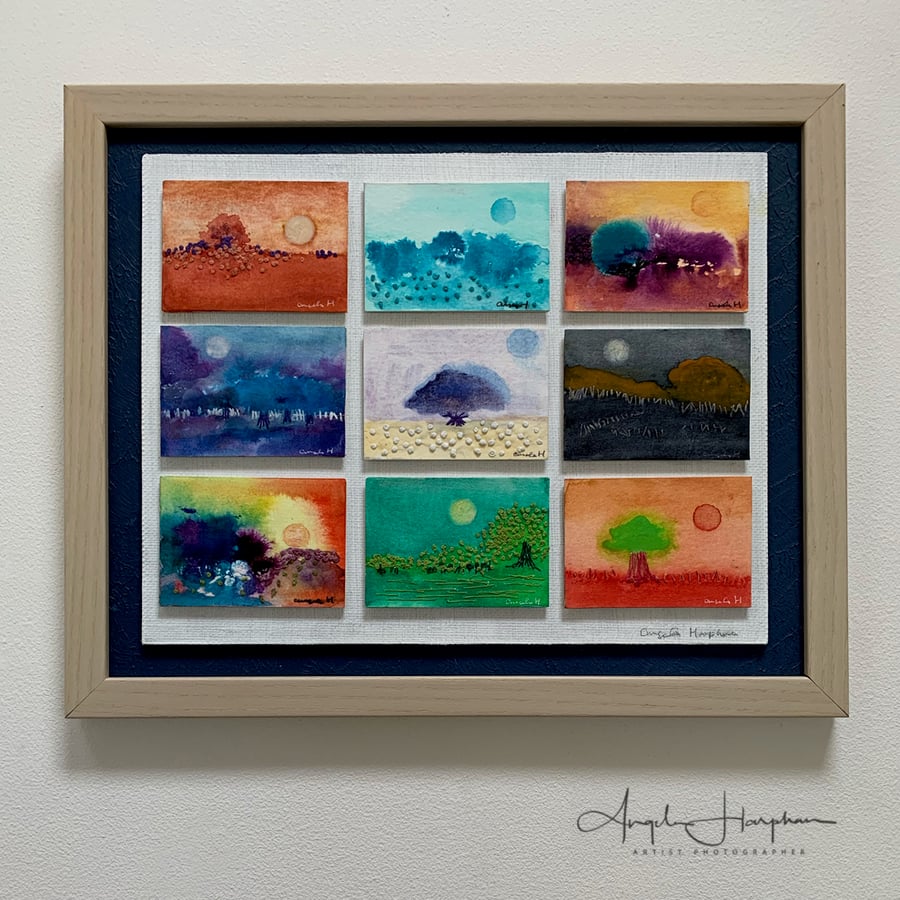 Watercolour & Embroidery Montage - Fantasy Landscapes with Suns and Moons