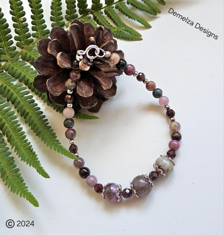 Tourmaline & Indian Red Garnet Sterling Silver Bracelet (Medium Size)