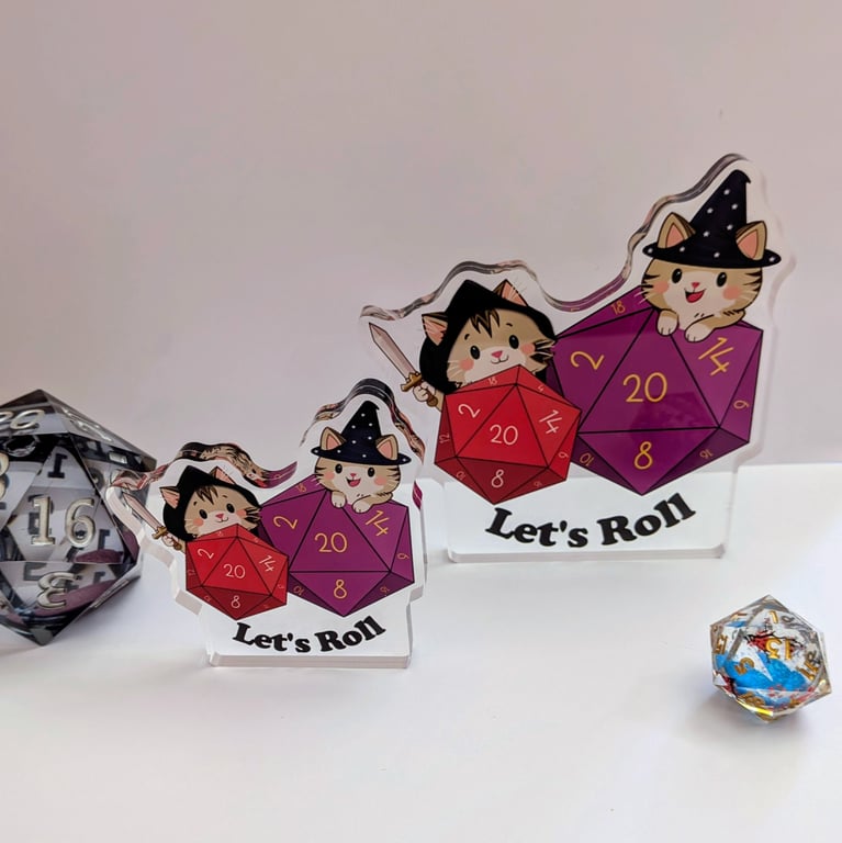 D&D cat acrylic standee, Let's roll tabletop RPG desk decor, D20 dice figurine 
