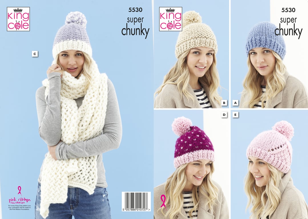 Knitting Pattern - King Cole Super Chunky Knitting Pattern 5530 - Hats and Scarf