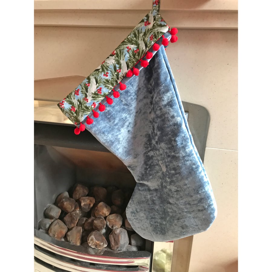 Christmas Stocking Velvet Blue Xmas Stockings 18" With Pompoms