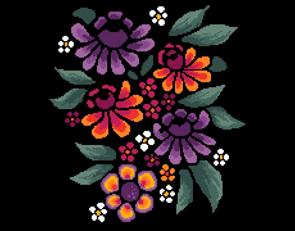 116A - Mosaic Mexican Folk Art Passion Flowers - Cross Stitch Pattern
