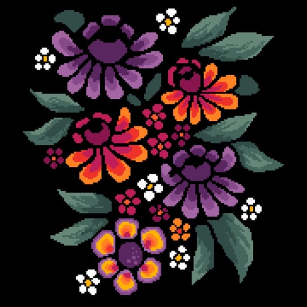116A - Mosaic Mexican Folk Art Passion Flowers - Cross Stitch Pattern